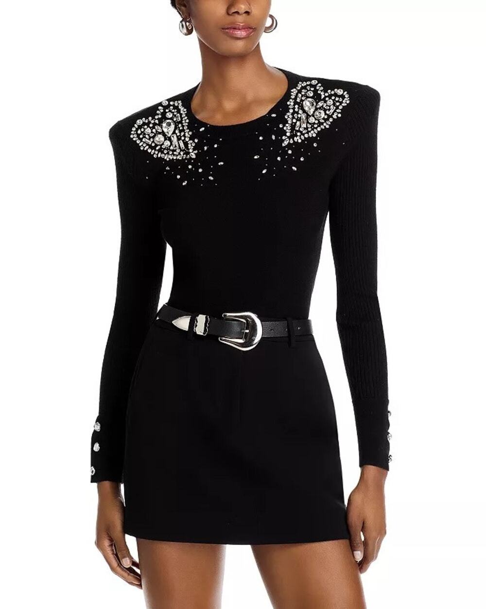 L'AGENCE Women Black Knit Rayon Rhinestone Cesca Luxury Evening Sweater Size L